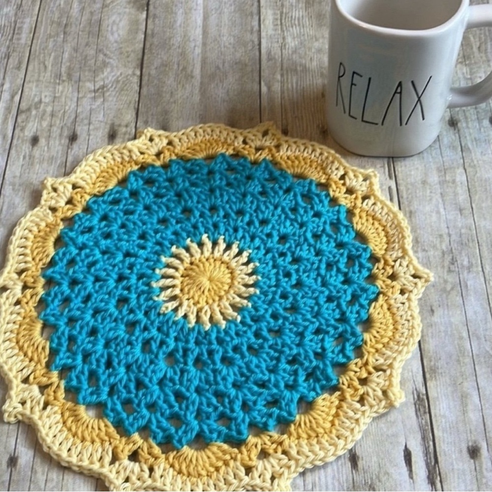 Handmade Turquoise and Yellow Crochet Doily 12 Inches